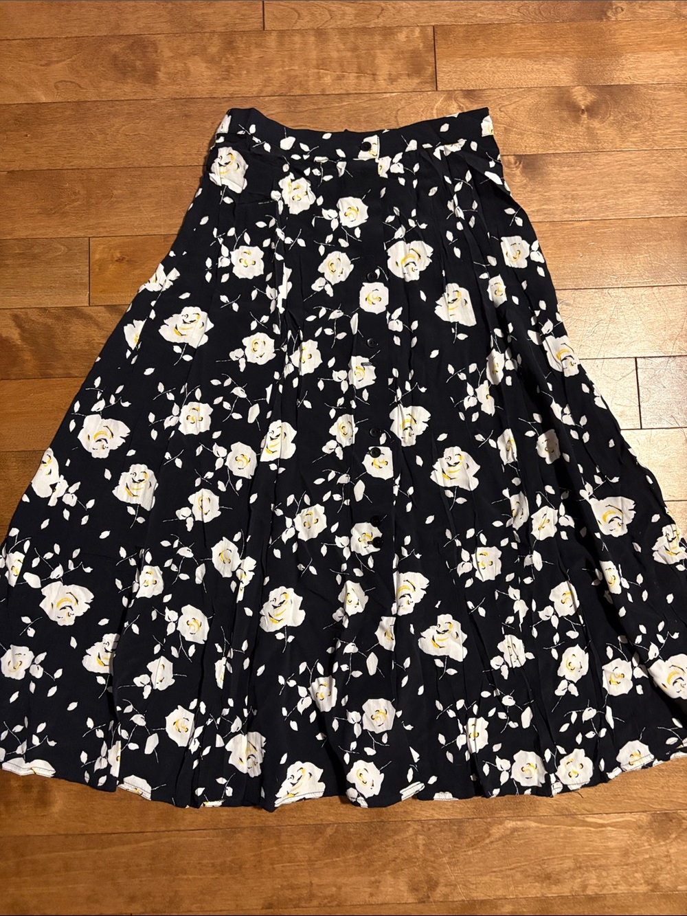 Vintage Black Circle Skirt with White and Yellow Floral Print